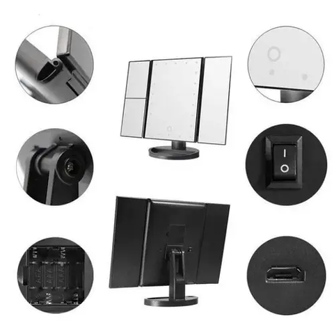 Зеркало тройное для макияжа Superstar Magnifying Mirror с LED-подсветкой прямоугольное с увеличением Черное