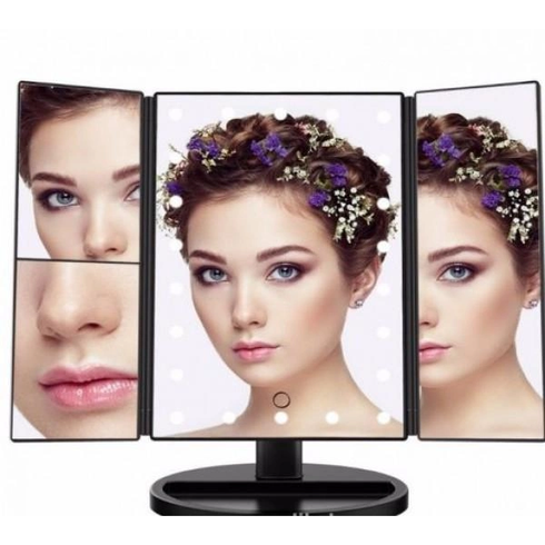 Зеркало тройное для макияжа Superstar Magnifying Mirror с LED-подсветкой прямоугольное с увеличением Черное