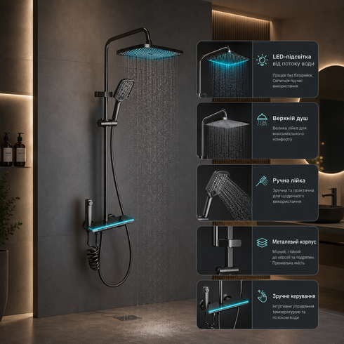 Душ/смеситель Faucet (CRH-8921 многофункциональный с LED ГИДРОЭНЕРГЕТИКОЙ металл / Душевая система с верхним и ручным душем / Душевая система для ванны