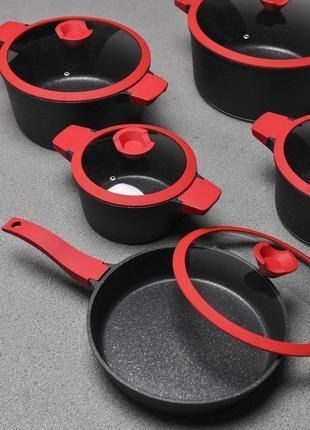 Набор из 4 кастрюль и сковородки со стеклянными крышками и антипригарным покрытием XW-10 Набор из 10 предметов